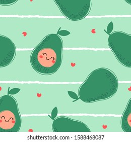 Seamless pattern of cartoon avocado on green background.