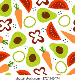 Seamless pattern with cartoon avocado, tomato, carrot, pepper, decor elements. colorful vector. hand drawing, flat style.design for fabric, print, textile, wrapper