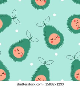 Seamless pattern of cartoon avocado and white dots on background. Flat design vector.