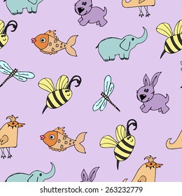 Seamless pattern with cartoon baby animals in doodle style