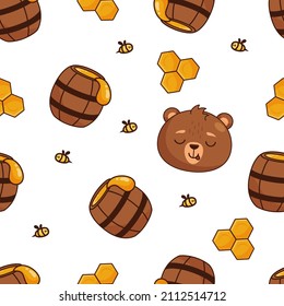 Seamless pattern with cartoon baby bear heads.  Hand drawn characters and honey comb. Vector illustration.