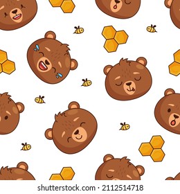 Seamless pattern with cartoon baby bear heads.  Hand drawn characters and honey comb. Vector illustration.