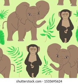 Seamless pattern of cartoon baby elephant and monkey. Repeatable textile vector print, childish wallpaper design.