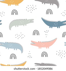 Seamless pattern Cartoon background with crocodile Hand drawn design in childrens style used for Print, wallpaper, fabric, textiles Vector illustration