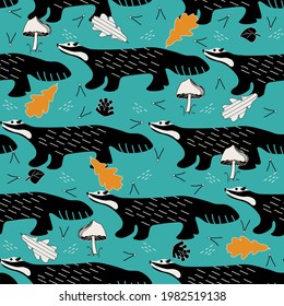 seamless pattern with cartoon badger, mushroom and leaves, vector design for paper, fabric and other surface