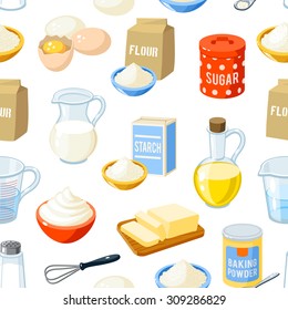 Seamless pattern with cartoon baking ingredients - flour, eggs, oil, water, butter, starch, salt, whipped cream, baking powder, milk, sugar. Vector illustration, isolated on white, eps 10.