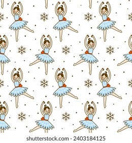 Seamless pattern with cartoon ballet girls and snowflakes isolated on white background for Your Christmas and New Year textile and wrapping paper design