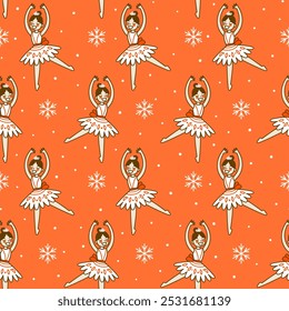 Seamless pattern with cartoon ballet girls and snowflakes on red  background for Your Christmas and New Year textile and wrapping paper design