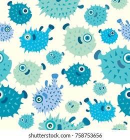 Seamless pattern with cartoon balloonfish. Vector wallpaper with pufferfish.