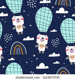 Seamless pattern with cartoon balloons, bears, clouds, rainbows, decor elements on a neutral background. Colorful vector, flat style. Hand drawing for kids. baby design for fabric, print. textile wrap
