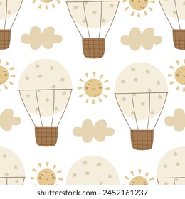 Seamless pattern with cartoon balloons, clouds, decor elements. Colorful vector, flat style. Hand drawing for kids. baby design for fabric, print. textile wrappers	