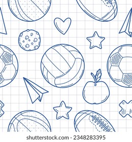 Seamless pattern with cartoon balls from popular team sports in sketch style on a white checkered background