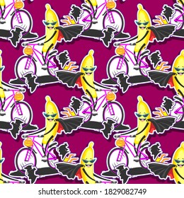 seamless pattern cartoon banana in sunglasses raincoat bat on bike rides Halloween, vector image eps