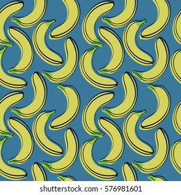 Seamless pattern of cartoon bananas. Drawn fruits on a blue background. Eco texture for packaging or for fabric.