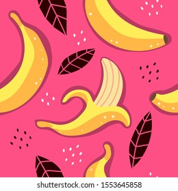 Seamless pattern with cartoon bananas, leaves, decor elements on a neutral background. vector flat style. hand drawing. design for fabric, textile, print, wrapper