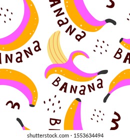 Seamless pattern with cartoon bananas, lettering, decor elements. vector flat style. hand drawing. design for fabric, textile, print, wrapper