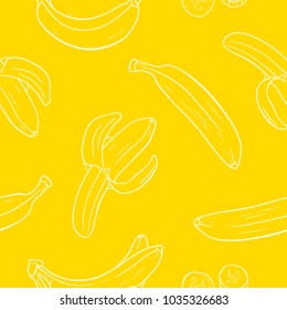 Seamless pattern with cartoon bananas on yellow background.