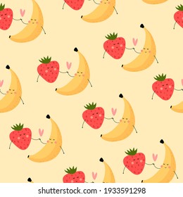 Seamless pattern with cartoon bananas, strawberries. vector flat style. hand drawing. design for fabric, textile, print, wrapper