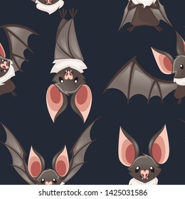 Seamless pattern of Cartoon bat. Cute vampire bat, flying mammal. Flat vector illustration on dark background. Cartoon character design. Bat flapping wing, waving hand