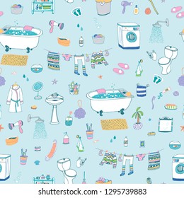 seamless pattern with cartoon bathroom elements and personal hygiene 
