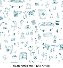 seamless pattern with cartoon bathroom elements and personal hygiene 