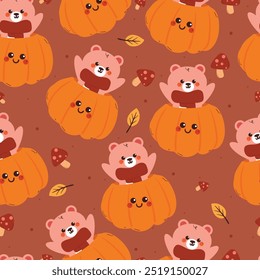 Oso de la historieta del modelo inconsútil con las vibraciones del otoño Fondo de pantalla lindo de la caída del otoño para la impresión de la tela, papel del abrigo del regalo