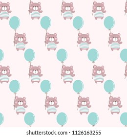Seamless Pattern of Cartoon Bear with Balloon on Light Pink Background