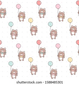 Seamless Pattern of Cartoon Bear with Balloon Design on White Background with Pink Dots