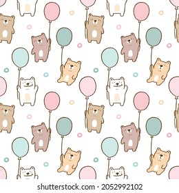Seamless Pattern of Cartoon Bear and Balloon Design on White Background