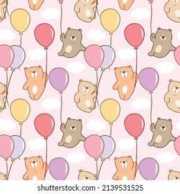 Seamless Pattern of Cartoon Bear with Balloon Design on Light Pink Background