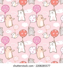 Seamless Pattern with Cartoon Bear and Balloon Illustration Design on Pink Sky Background