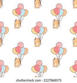 Seamless Pattern of Cartoon Bear with Balloon Design on White Background
