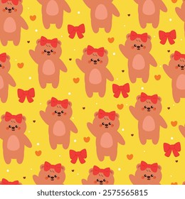 seamless pattern cartoon bear with big red bow. cute animal wallpaper for fabric print, gift wrap paper