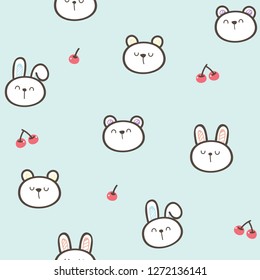 Seamless Pattern with Cartoon Bear,  Bunny Face and Cherry on Pastel Green Background