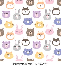 Seamless Pattern with Cartoon Bear, Bunny, Cat and Dog Face on White Background
