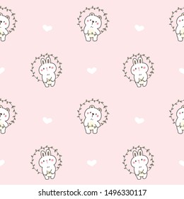 Seamless Pattern of Cartoon Bear and Bunny Design on Pink Background with Hearts