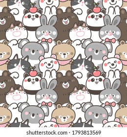 Seamless Pattern of Cartoon Bear, Bunny, Cat, Koala and Panda Illustration