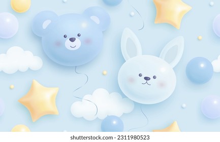 Seamless pattern with cartoon bear, bunny and helium balloons on blue background. Vector illustration