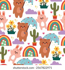 seamless pattern cartoon bear and bunny with sky element and plant. cute animal wallpaper for fabric print, gift wrap paper