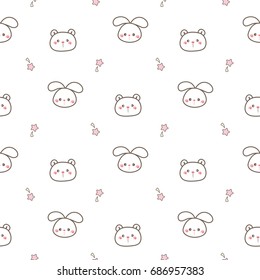 Seamless Pattern of Cartoon Bear and Bunny Face on White Background