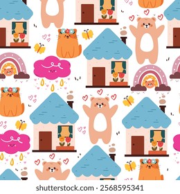 seamless pattern cartoon bear and cat with their house. cute animal wallpaper for fabric print, gift wrap paper