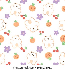 Seamless Pattern with Cartoon Bear, Cherry, Flower, Strawberry Illustration Design on White Background