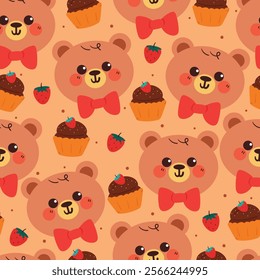 seamless pattern cartoon bear and chocolate cupcake. cute animal wallpaper for fabric print, gift wrap paper