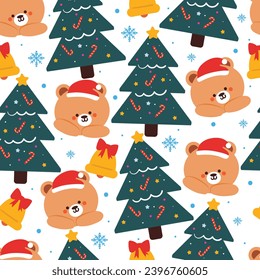 seamless pattern cartoon bear with Christmas tree and Christmas element. Cute Christmas wallpaper for card, gift wrap paper