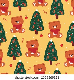 seamless pattern cartoon bear with christmas stuff. cute christmas wallpaper for fabric print, gift wrap paper