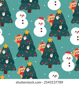 seamless pattern cartoon bear with christmas tree. cute christmas and winter wallpaper for fabric print, gift wrap paper