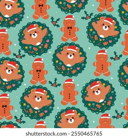 seamless pattern cartoon bear with christmas wreath and winter stuff. cute christmas and winter wallpaper for fabric print, gift wrap paper