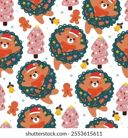 seamless pattern cartoon bear with christmas wreath and winter stuff. cute christmas and winter wallpaper for fabric print, gift wrap paper