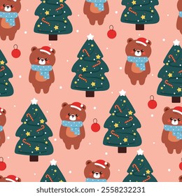 seamless pattern cartoon bear with christmas tree. cute christmas and winter wallpaper for fabric print, gift wrap paper