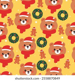 seamless pattern cartoon bear with christmas stuff. cute christmas wallpaper for fabric print, gift wrap paper